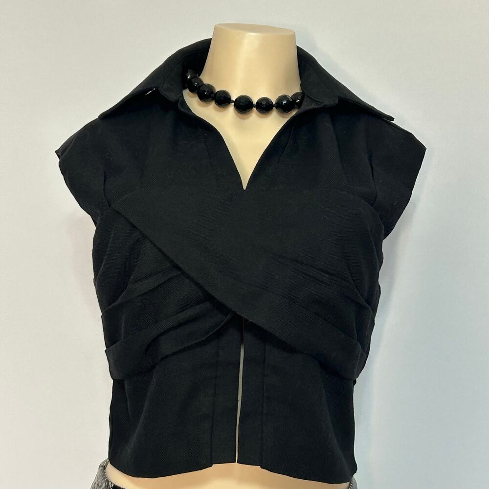 Black Draped Wrap Collared Crop Top Linen Blend Cap Sleeve Women’s Size M